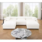 Elegant White Chenille Sofa with Storage Seat and Ottoman, U-Shaped 3-Seater Cylindrical Backrest and Armrests