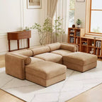 Elegante divano in ciniglia bianca con seduta contenitore e pouf, a U a 3 posti con schienale e braccioli cilindrici
