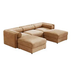 Elegante divano in ciniglia bianca con seduta contenitore e pouf, a U a 3 posti con schienale e braccioli cilindrici