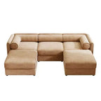 Elegante divano in ciniglia bianca con seduta contenitore e pouf, a U a 3 posti con schienale e braccioli cilindrici