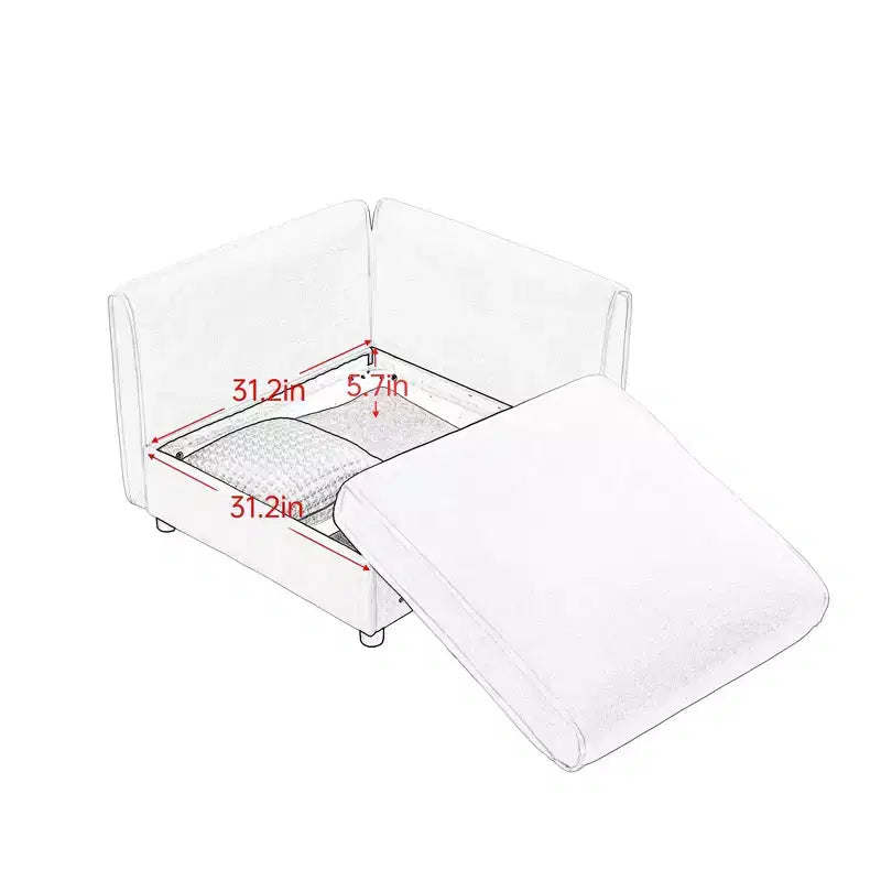 Elegante divano in ciniglia bianca con seduta contenitore e pouf, a U a 3 posti con schienale e braccioli cilindrici