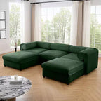 Elegante divano in ciniglia bianca con seduta contenitore e pouf, a U a 3 posti con schienale e braccioli cilindrici
