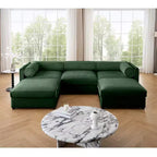 Elegante divano in ciniglia bianca con seduta contenitore e pouf, a U a 3 posti con schienale e braccioli cilindrici