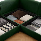 Elegante divano in ciniglia bianca con seduta contenitore e pouf, a U a 3 posti con schienale e braccioli cilindrici