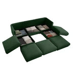 Elegante divano in ciniglia bianca con seduta contenitore e pouf, a U a 3 posti con schienale e braccioli cilindrici