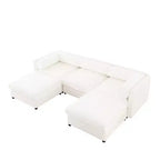 Elegante divano in ciniglia bianca con seduta contenitore e pouf, a U a 3 posti con schienale e braccioli cilindrici