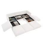 Elegante divano in ciniglia bianca con seduta contenitore e pouf, a U a 3 posti con schienale e braccioli cilindrici