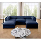 Elegante divano in ciniglia bianca con seduta contenitore e pouf, a U a 3 posti con schienale e braccioli cilindrici