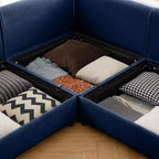 Elegante divano in ciniglia bianca con seduta contenitore e pouf, a U a 3 posti con schienale e braccioli cilindrici