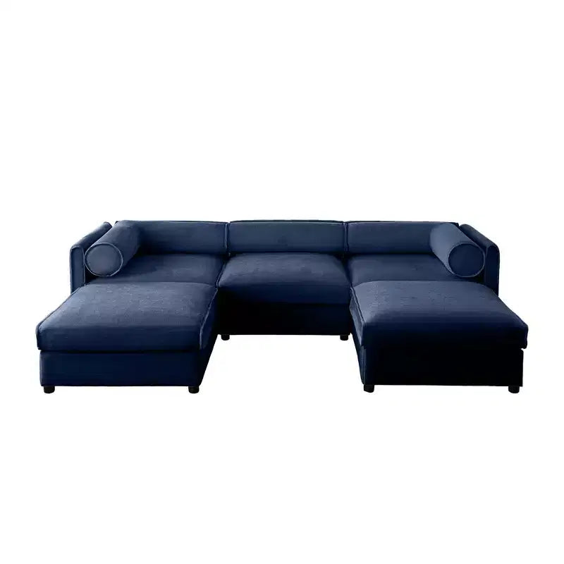 Elegante divano in ciniglia bianca con seduta contenitore e pouf, a U a 3 posti con schienale e braccioli cilindrici