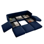 Elegante divano in ciniglia bianca con seduta contenitore e pouf, a U a 3 posti con schienale e braccioli cilindrici