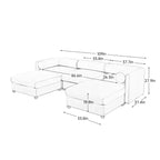 Elegante divano in ciniglia bianca con seduta contenitore e pouf, a U a 3 posti con schienale e braccioli cilindrici