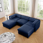 Elegante divano in ciniglia bianca con seduta contenitore e pouf, a U a 3 posti con schienale e braccioli cilindrici