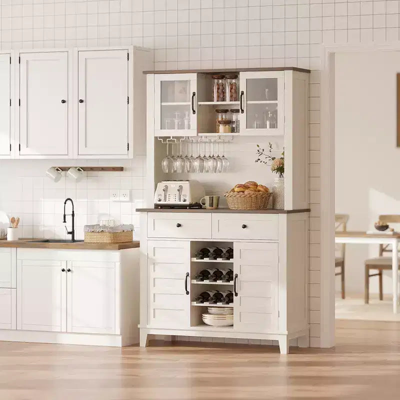 Dispensa da Cucina Alta 183 cm con 4 Ante e 2 Cassetti, Portabottiglie, Ampio Contenitore da Cucina, Ripiani Regolabili, Mobile Bar per Caffè e Vino