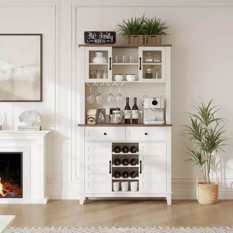 Dispensa da Cucina Alta 183 cm con 4 Ante e 2 Cassetti, Portabottiglie, Ampio Contenitore da Cucina, Ripiani Regolabili, Mobile Bar per Caffè e Vino