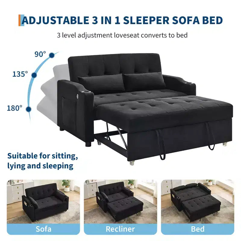 Divano letto convertibile 3 in 1, Divani in velluto a coste con letto estraibile, Schienale regolabile, Porta di ricarica, Divano moderno per soggiorno