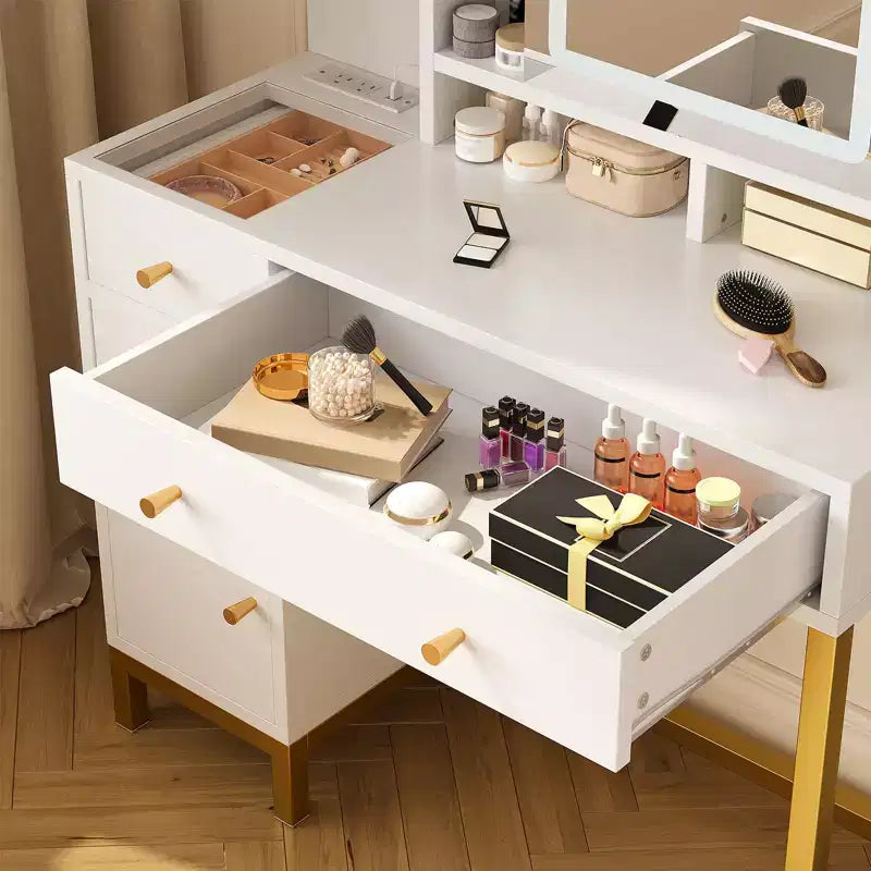 Scrivania da trucco bianca con specchio e luci, tavolo da trucco con specchio illuminato a LED e presa di corrente, 3 colori di illuminazione per la camera da letto