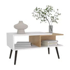 Tavolino da caffè scandinavo multicolore con 2 ripiani, 4 gambe, bianco e rovere naturale