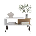 Tavolino da caffè scandinavo multicolore con 2 ripiani, 4 gambe, bianco e rovere naturale