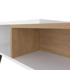 Tavolino da caffè scandinavo multicolore con 2 ripiani, 4 gambe, bianco e rovere naturale
