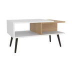 Tavolino da caffè scandinavo multicolore con 2 ripiani, 4 gambe, bianco e rovere naturale