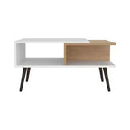 Tavolino da caffè scandinavo multicolore con 2 ripiani, 4 gambe, bianco e rovere naturale