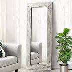 Specchio rettangolare a figura intera da appoggio in legno massiccio in stile rustico con cornice bianca effetto invecchiato, 24 pollici L x 58 pollici A