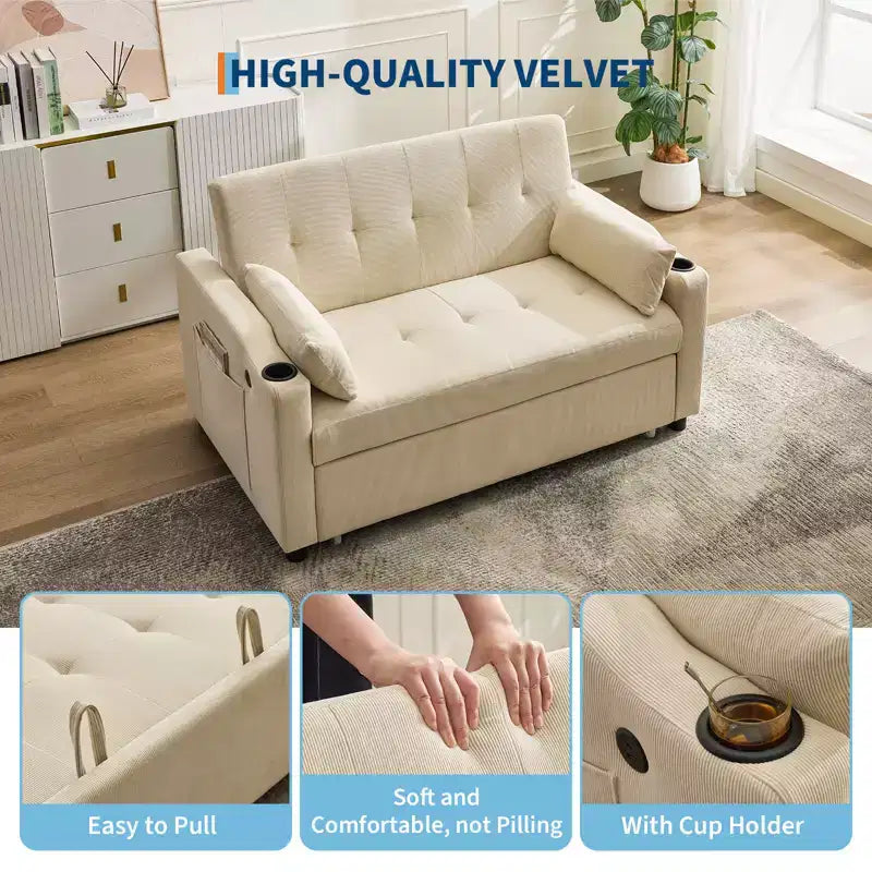 Divano letto convertibile 3 in 1, divano moderno rivestito, divanetto letto in velluto a coste con letto estraibile, schienale regolabile, per soggiorno