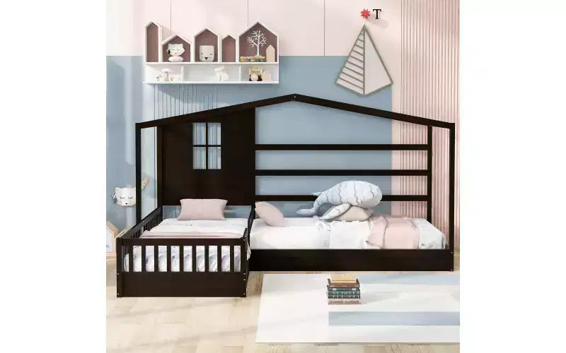 Letto a castello a forma di L in legno per bambini, con recinzione e rete a doghe per camera da letto