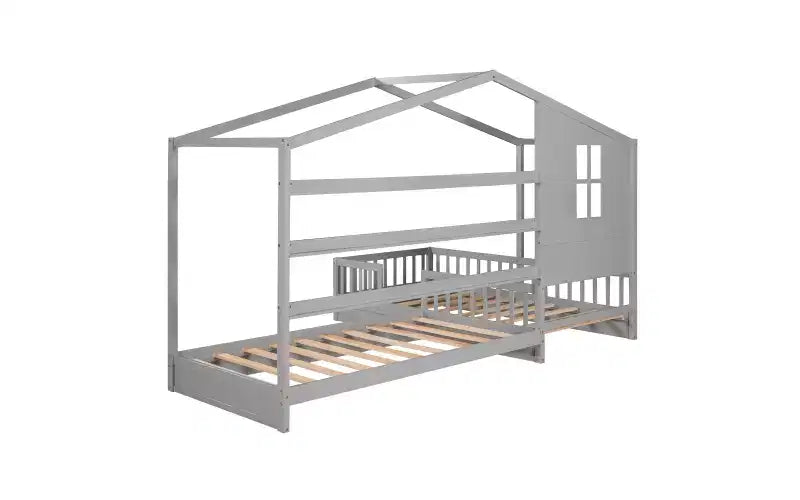 Letto a castello a forma di L in legno per bambini, con recinzione e rete a doghe per camera da letto