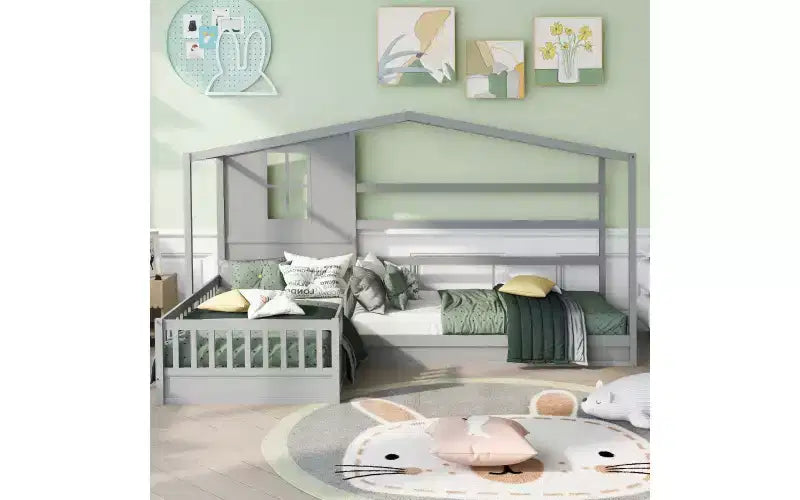 Letto a castello a forma di L in legno per bambini, con recinzione e rete a doghe per camera da letto