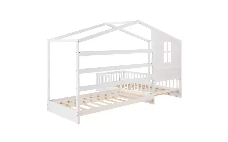 Letto a castello a forma di L in legno per bambini, con recinzione e rete a doghe per camera da letto