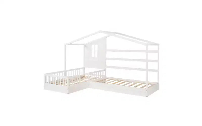 Letto a castello a forma di L in legno per bambini, con recinzione e rete a doghe per camera da letto