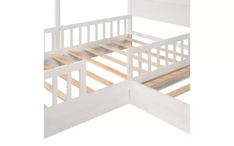 Letto a castello a forma di L in legno per bambini, con recinzione e rete a doghe per camera da letto