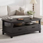 Coffee table with drawers, 47.2 inches, country style, with open shelving and 6 support legs.