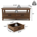 Tavolino da salotto con cassetti, 120 cm, stile country, con ripiani a giorno e 6 gambe di supporto.