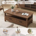 Tavolino da salotto con cassetti, 120 cm, stile country, con ripiani a giorno e 6 gambe di supporto.