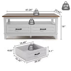 Tavolino da salotto con cassetti, 120 cm, stile country, con ripiani a giorno e 6 gambe di supporto.