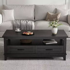 Tavolino da salotto con cassetti, 120 cm, stile country, con ripiani a giorno e 6 gambe di supporto.