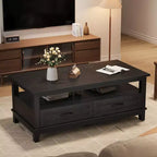 Tavolino da salotto con cassetti, 120 cm, stile country, con ripiani a giorno e 6 gambe di supporto.