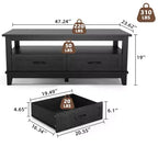 Tavolino da salotto con cassetti, 120 cm, stile country, con ripiani a giorno e 6 gambe di supporto.