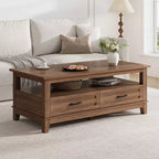 Tavolino da salotto con cassetti, 120 cm, stile country, con ripiani a giorno e 6 gambe di supporto.