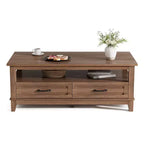 Tavolino da salotto con cassetti, 120 cm, stile country, con ripiani a giorno e 6 gambe di supporto.