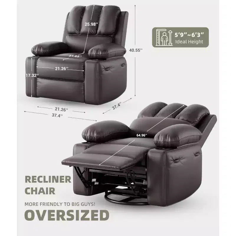 Poltrona reclinabile girevole manuale oversize con funzione riscaldante e massaggiante, in similpelle imbottita, poltrona girevole "Lazy Boy" per adulti