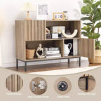 Madia semi-aperta, credenza da 100 cm con motivo ondulato e gambe in metallo, tavolo consolle marrone rovere e nero per soggiorno, sala da pranzo, ingresso