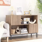 Madia semi-aperta, credenza da 100 cm con motivo ondulato e gambe in metallo, tavolo consolle marrone rovere e nero per soggiorno, sala da pranzo, ingresso