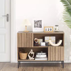Madia semi-aperta, credenza da 100 cm con motivo ondulato e gambe in metallo, tavolo consolle marrone rovere e nero per soggiorno, sala da pranzo, ingresso