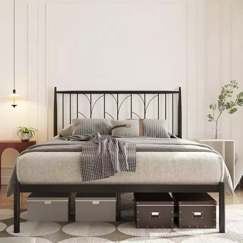 Struttura Letto a Piattaforma in Metallo con Testiera, Nessuna Rete a Molle Necessaria, Base Materasso con Contenitore Sottoletto