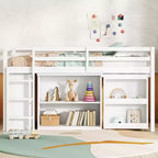 MAYEERTY Twin Loft Bed with Drawer Cabinet Shelf Cabinet and Pulling Out Desk,Rubber Wood Loft Bed with Guardrail Ladder White