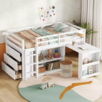 Letto a soppalco matrimoniale con cassetto, mobiletto a ripiani e scrivania estraibile, letto a soppalco in legno di caucciù con spondina di protezione e scaletta, Bianco